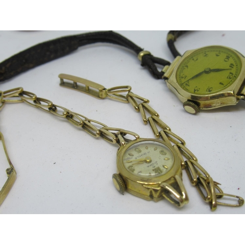 1092 - Three various ladies gold cased wristwatches (at fault), together with a 9ct gold bangle (at fault)