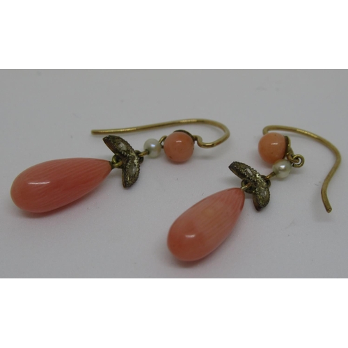 1094 - Pair of 19th Century drop earrings set coral, seed pearl and diamond chips