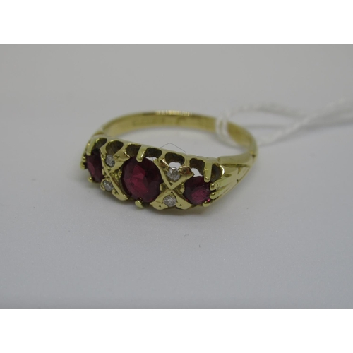 1106A - 18ct gold ring set three rubies and four small diamonds