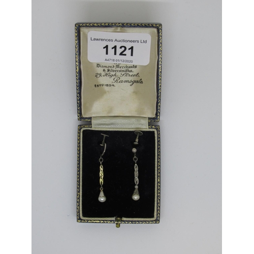 1121 - Pair of Victorian drop-earrings set diamond chips and cultured pearls with later silver screw fittin... 