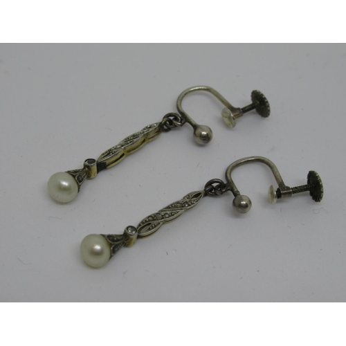 1121 - Pair of Victorian drop-earrings set diamond chips and cultured pearls with later silver screw fittin... 