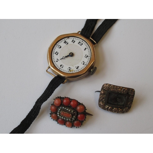 1132 - Two small 19th Century memorial brooches, together with a ladies 9ct gold cased wristwatch