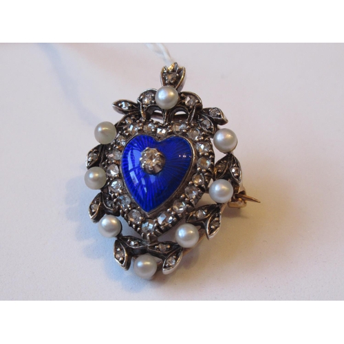 1138 - Edwardian heart shaped pendant brooch set rose cut diamonds and pearls with enamel decoration, appro... 