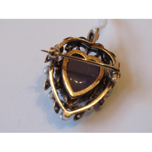 1138 - Edwardian heart shaped pendant brooch set rose cut diamonds and pearls with enamel decoration, appro... 