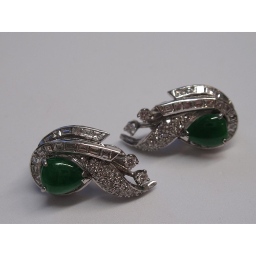 1142 - Pair of 18ct white gold natural jade and diamond set earrings