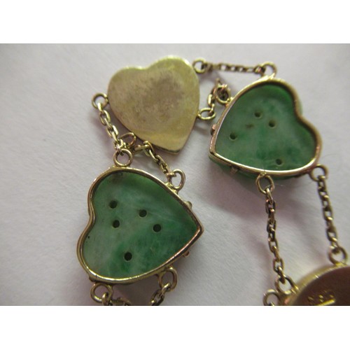 1151 - Chinese 18ct gold bracelet set carved jade heart shaped panels