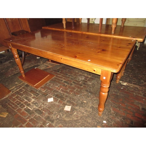 1377 - Reproduction pine farmhouse style dining table on turned supports, 72ins x 36ins together with a set... 