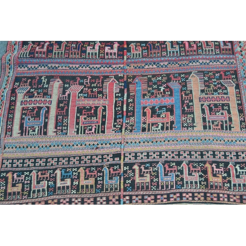 21 - Soumak Caucasian horse rug of irregular form worked with various stylised animal and flower designs ... 