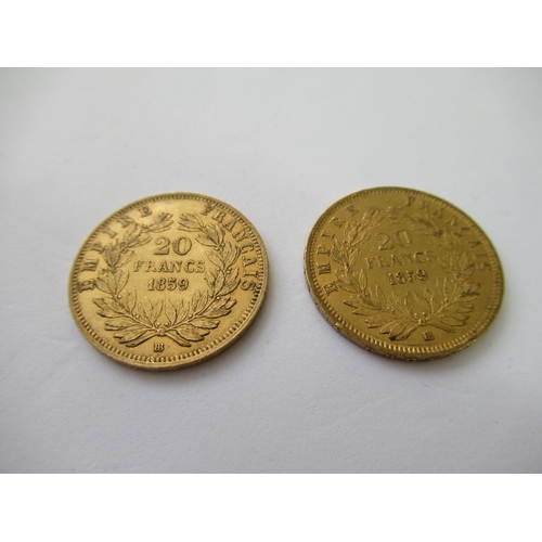 582 - Two French twenty franc gold coins, 1859