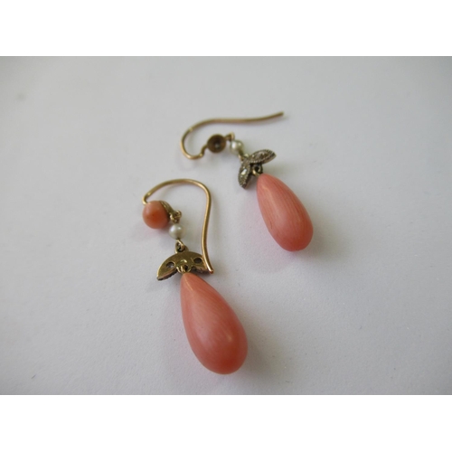 588 - Pair of 19th Century drop earrings set coral, seed pearl and diamond chips (at fault)