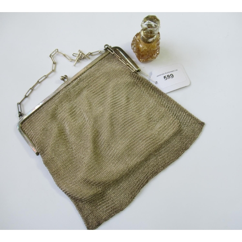 589 - Silver chain mesh evening purse together with a silver mounted cut glass smelling salts bottle