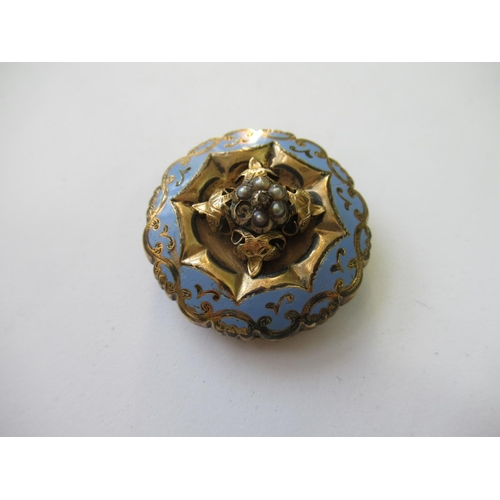 591 - Victorian circular enamel decorated brooch set seed pearls and a diamond chip (minus one seed pearl ... 