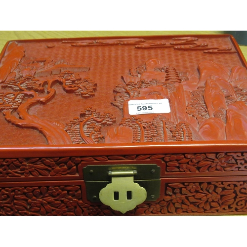 595 - Modern red cinnabar lacquer jewellery box containing a quantity of miscellaneous costume jewellery