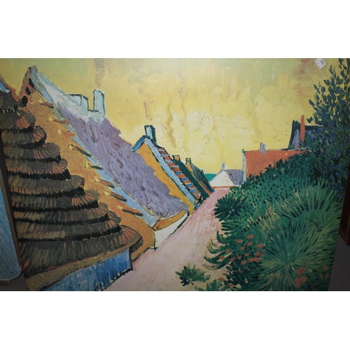 628 - Three modern prints applied to board, after Van Gogh together with a quantity of other decorative pr... 