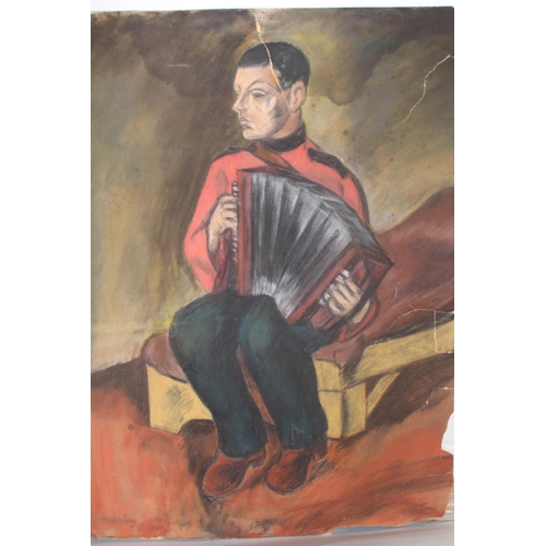 653 - Unframed pastel drawing, study of a seated figure playing an accordion, 25ins x 19.5ins (at fault), ... 