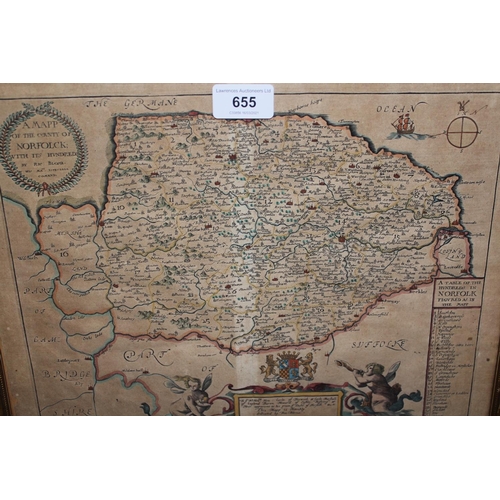 655 - Framed antique hand coloured map of Norfolk by Blome, 9.5ins x 12.75ins