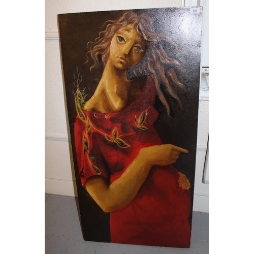 656 - Mid to late 20th Century oil on board, stylised study of a girl wearing a red dress, unsigned, 48ins... 