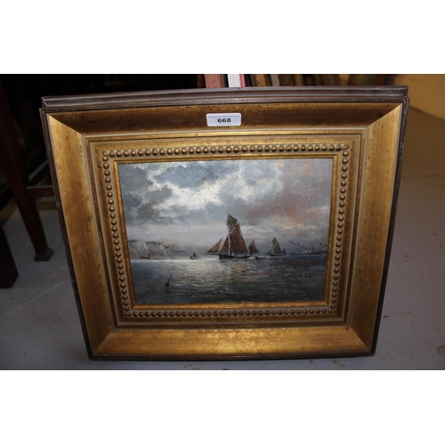 668 - Attributed to William Thornley, oil on board, shipping off the coast at sunset, 8ins x 10.5ins