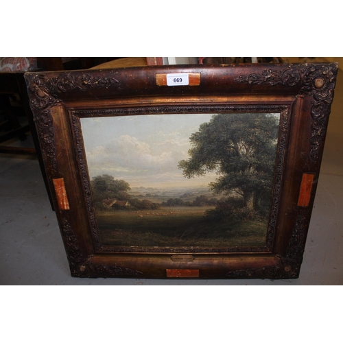 669 - 19th Century oil on canvas laid onto board, view across a rural landscape with sheep grazing by cott... 