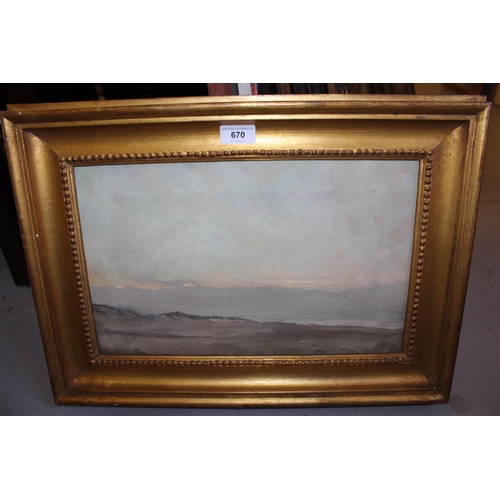 670 - Oil on canvas, landscape and sky study, bearing label verso ' Nathaniel Hone R.H.A. ', 10ins x 16ins