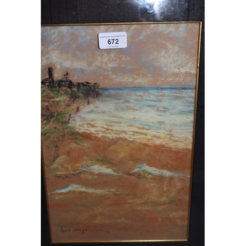 672 - Paul Maze, signed pastel drawing, coastal landscape, probably Suffolk, 14ins x 9ins