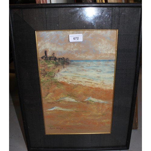 672 - Paul Maze, signed pastel drawing, coastal landscape, probably Suffolk, 14ins x 9ins