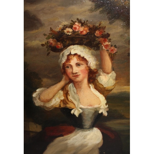 673 - Unframed 19th Century oil on panel, portrait of a young lady with a basket of flowers, monogrammed (... 