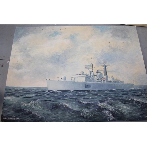 674 - Box containing seventeen unframed and mixed media oils, harbour scenes, Portsmouth and naval ship, m... 