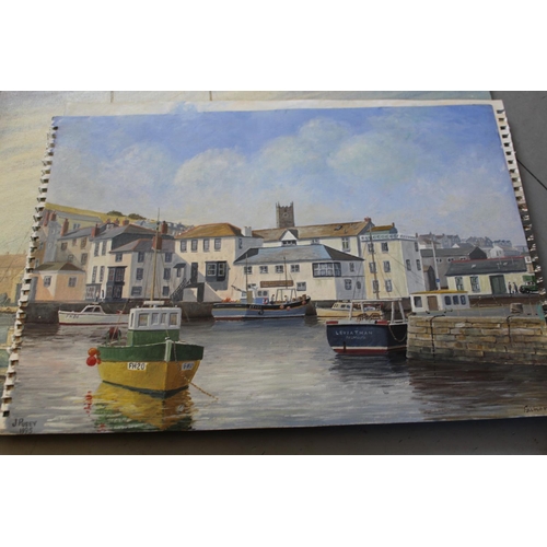 674 - Box containing seventeen unframed and mixed media oils, harbour scenes, Portsmouth and naval ship, m... 