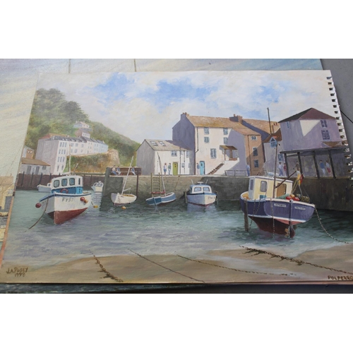 674 - Box containing seventeen unframed and mixed media oils, harbour scenes, Portsmouth and naval ship, m... 