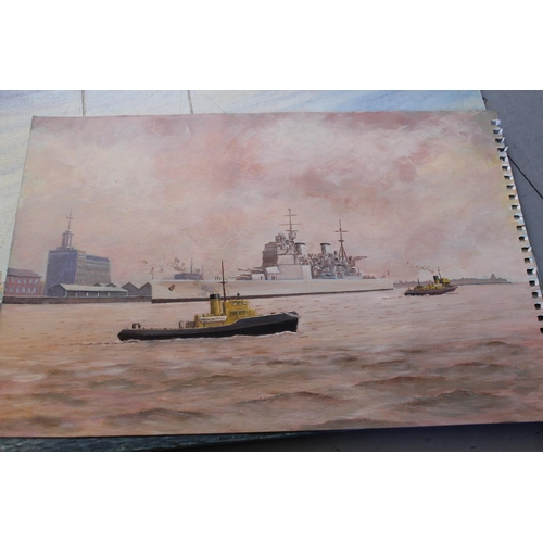 674 - Box containing seventeen unframed and mixed media oils, harbour scenes, Portsmouth and naval ship, m... 