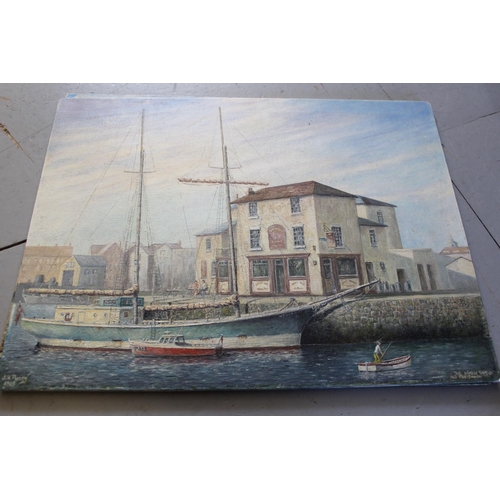 674 - Box containing seventeen unframed and mixed media oils, harbour scenes, Portsmouth and naval ship, m... 