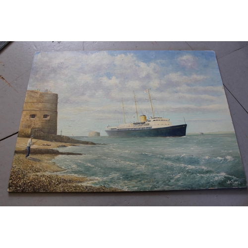 674 - Box containing seventeen unframed and mixed media oils, harbour scenes, Portsmouth and naval ship, m... 