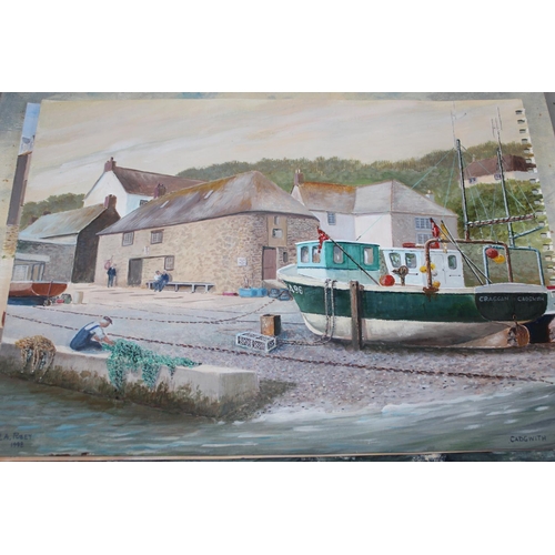 674 - Box containing seventeen unframed and mixed media oils, harbour scenes, Portsmouth and naval ship, m... 