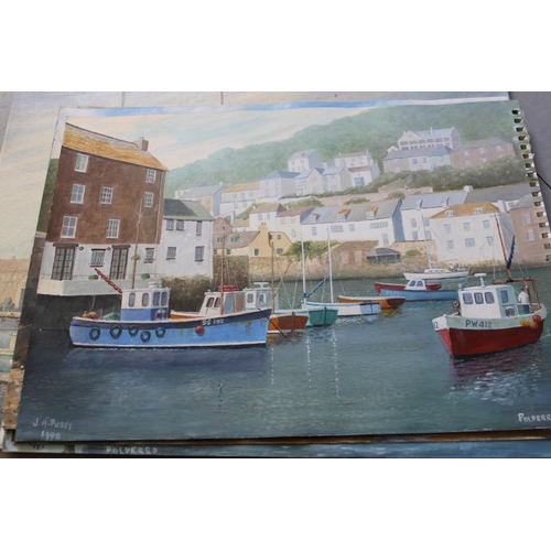 674 - Box containing seventeen unframed and mixed media oils, harbour scenes, Portsmouth and naval ship, m... 