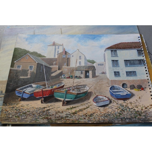 674 - Box containing seventeen unframed and mixed media oils, harbour scenes, Portsmouth and naval ship, m... 