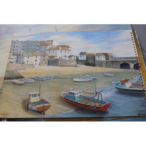 674 - Box containing seventeen unframed and mixed media oils, harbour scenes, Portsmouth and naval ship, m... 