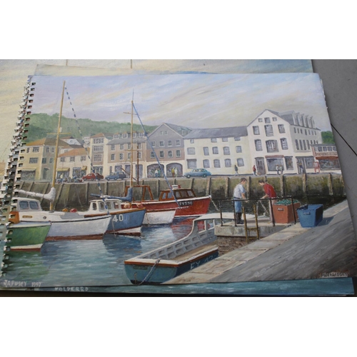 674 - Box containing seventeen unframed and mixed media oils, harbour scenes, Portsmouth and naval ship, m... 