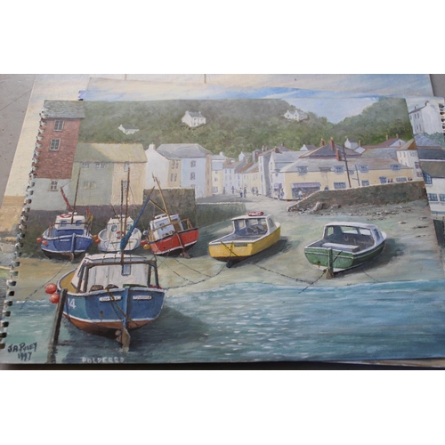 674 - Box containing seventeen unframed and mixed media oils, harbour scenes, Portsmouth and naval ship, m... 