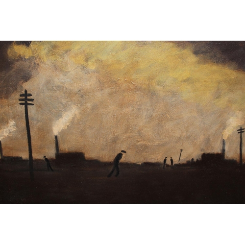 675 - Northern English school oil on canvas, figures in a landscape with factory chimneys, 16ins x 20ins