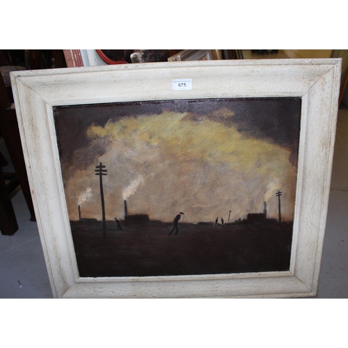 675 - Northern English school oil on canvas, figures in a landscape with factory chimneys, 16ins x 20ins