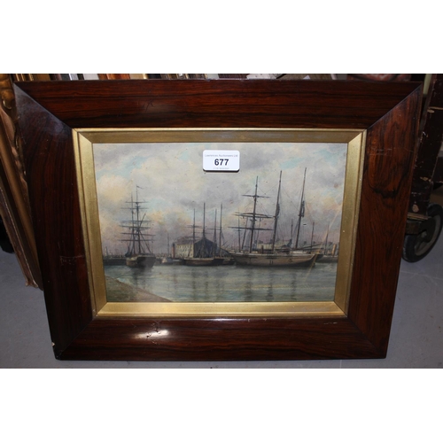 677 - Rosewood framed watercolour and body colour, tall ships in a harbour, inscribed verso 'Lock Gates, S... 