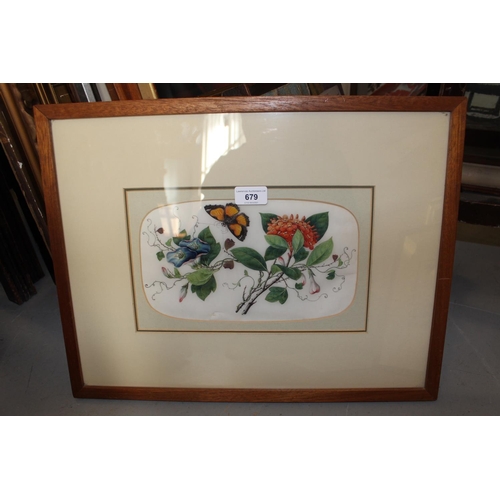 679 - Two Chinese paintings on rice paper, botanical study with butterfly and similar study with yellow bl... 