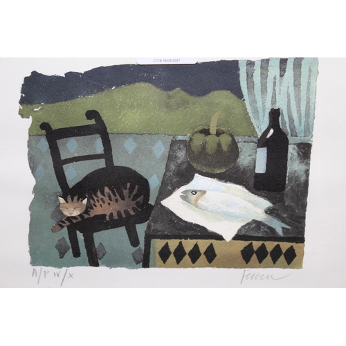 681 - Mary Fedden, signed artists proof print, still life with sleeping cat and fish, No. 4 of an edition ... 