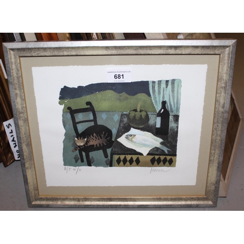 681 - Mary Fedden, signed artists proof print, still life with sleeping cat and fish, No. 4 of an edition ... 