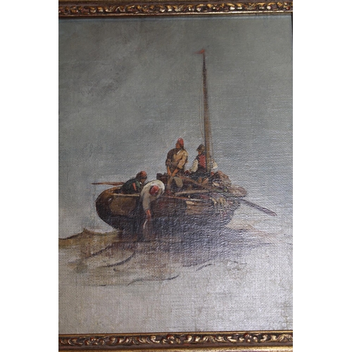 682 - Two 19th Century oils on canvas laid onto panel, fishermen in a boat and study of two fisherfolk in ... 