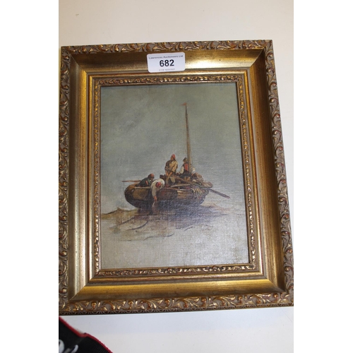 682 - Two 19th Century oils on canvas laid onto panel, fishermen in a boat and study of two fisherfolk in ... 