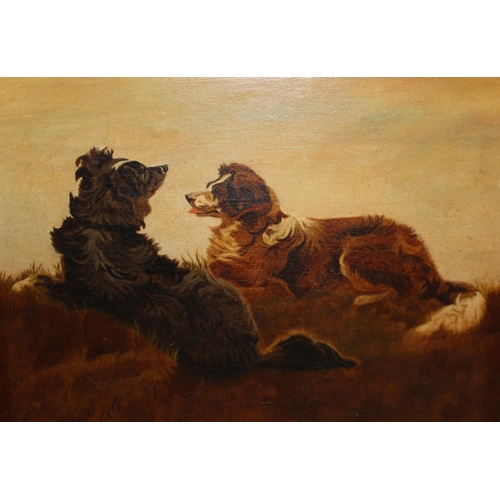 686 - Late 19th Century oil on canvas, portrait of two dogs on a hillside, 11.5ins x 13.5ins