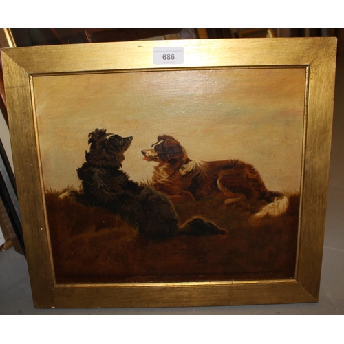 686 - Late 19th Century oil on canvas, portrait of two dogs on a hillside, 11.5ins x 13.5ins