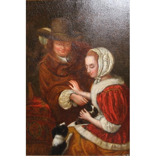 687 - 18th / 19th Century oil on oak panel, portrait of a lady and gentleman with two spaniels, heavy gilt... 